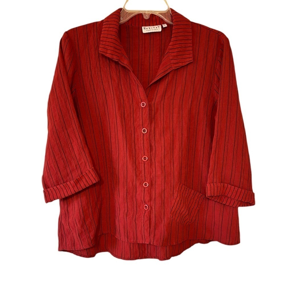 Habitat Striped Lagenlook Button Down Blouse Red Rust Sz Small - Picture 1 of 8